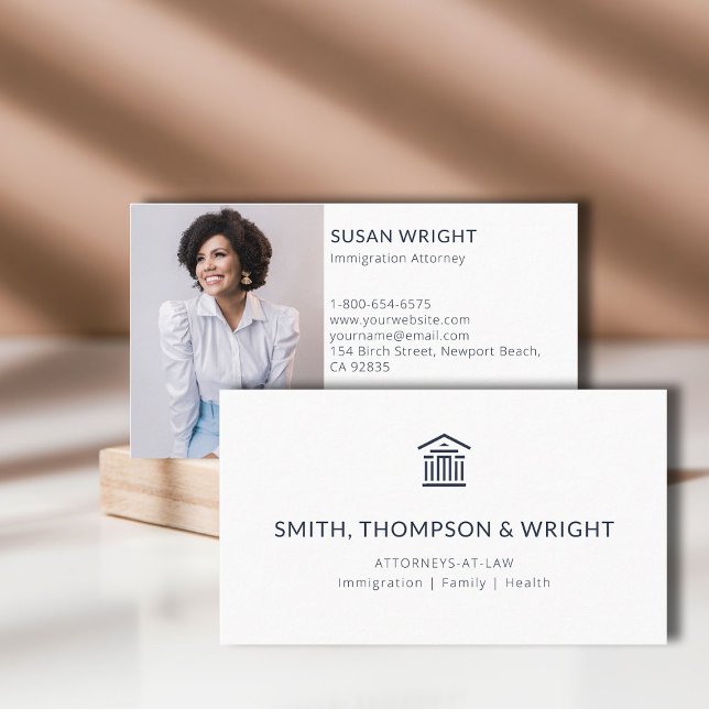 Modern Law Office Lawyer Photo Navy White Visitkort (law lawyer attorney paralegal professional business card logo social media classic minimalist navy)