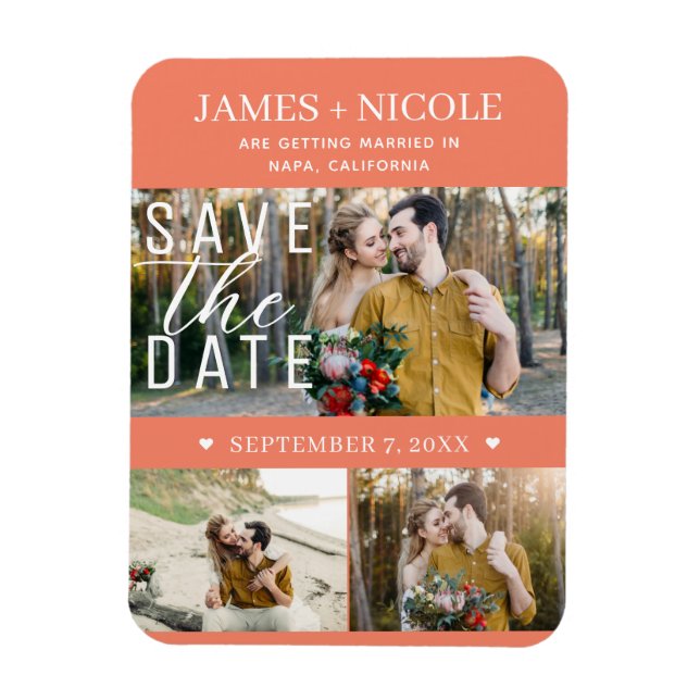 Modern Laxrosa Save the Date Bröllop 3 Bilder Magnet (Vertikal)