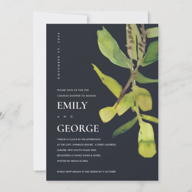 MODERN LEAFY CHIC BLACK FOLIAGE COUPLE SHOWER CARD TACK KORT (Framsida)