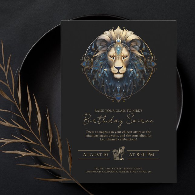 Modern Lejon Zodiac-symbol Black Guld Sol-nr Leo Inbjudningar (Skapare uppladdad)