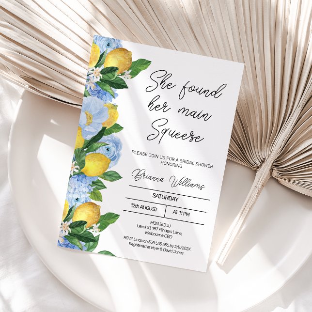 Modern Lemon Blommigt - huvudsöm Möhippa Inbjudningar (She Found Her Main Squeeze Bridal Shower Invitation, Lemon Bridal Shower Invitation Template Blue)