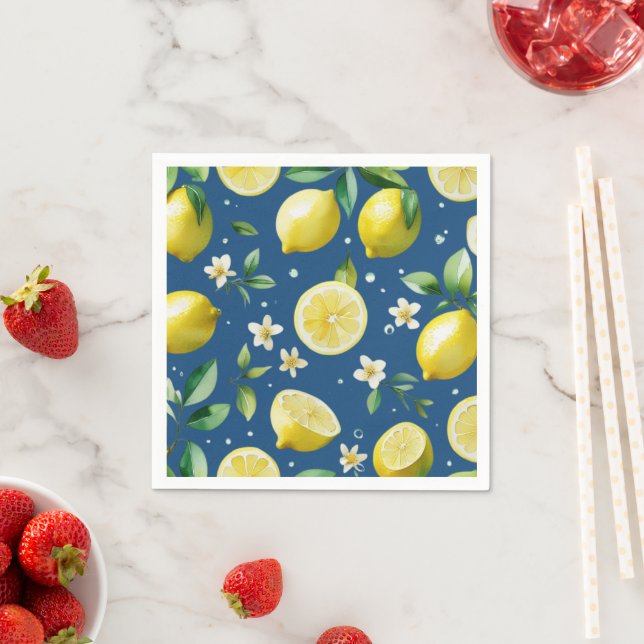 Modern lemon blue blommigt script möhippa pappersservett (Insitu)