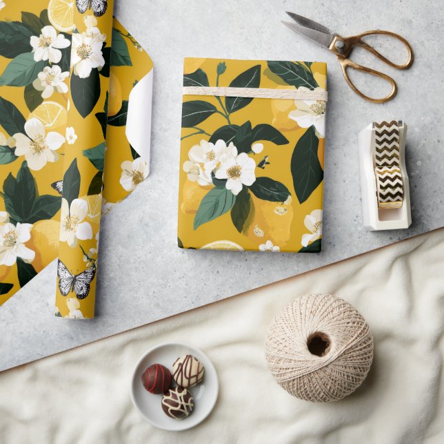 Modern Lemon Citrus Blommig Fjärilsmönster Presentpapper (Hantverk)