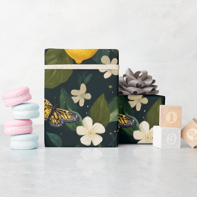Modern Lemon Citrus Blommig Fjärilsmönster Presentpapper (Baby Shower)