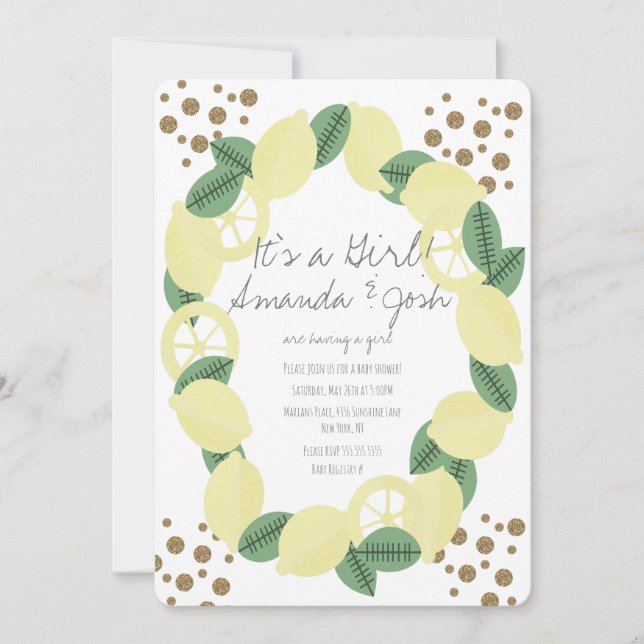 Modern Lemon Citrus Falskt Glitterprickar Baby Sho Inbjudningar (Framsida)