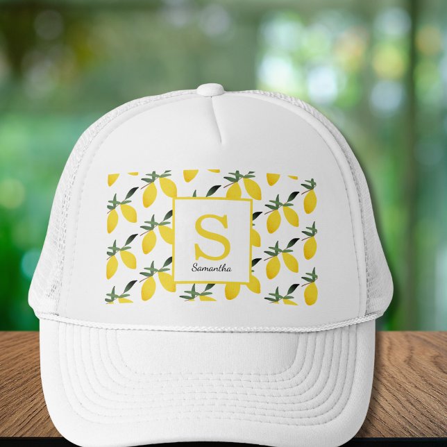 Modern Lemon Citrus Monogram Namn Trucker Hatt Keps (Skapare uppladdad)