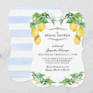 Modern Lemon Floral Elegant Blue Bridal Shower Inbjudningar