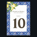 Modern Lemon Foliage Blue Mediterranean Bröllop Bordsnummer<br><div class="desc">Perfekt för bord-kort med ramar. Sammansatt av serif- och kursiv skripttypografi. Allt mot en vattenfärgad bakgrund av blå och vita Medelhavsbrickor,  spanska plattor med löv,  citroner och botaniska blommor av blommigt vild. Detta är designat av White Papper Birch Co.,  exklusiv för Zazzle. Finns här: http://www.zazzle.com/store/whitepaperbirch</div>