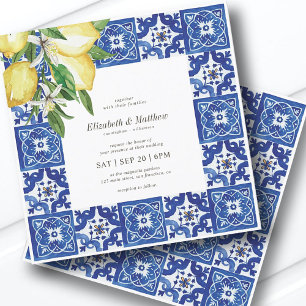 Modern Lemon Foliage Blue Mediterranean Bröllop Inbjudningar