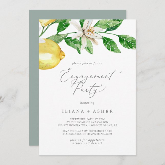Modern Lemon Garden Förlovningsfest Inbjudningar (Fram/baksida)
