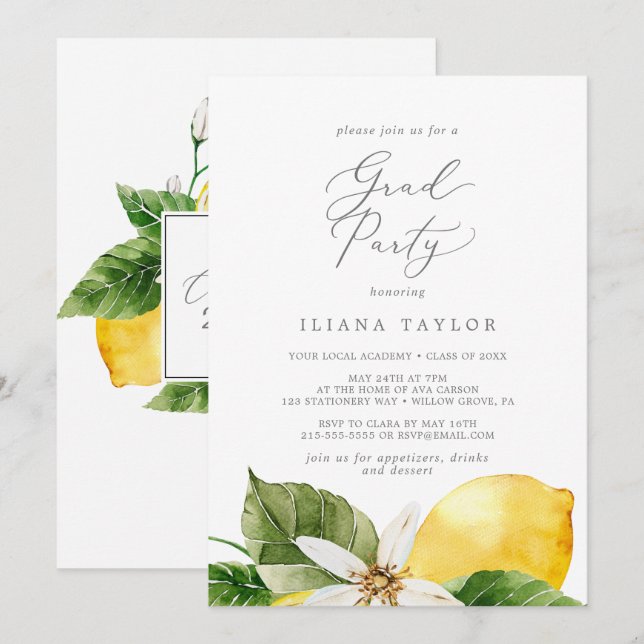 Modern Lemon Garden Grad Party Inbjudningar (Fram/baksida)