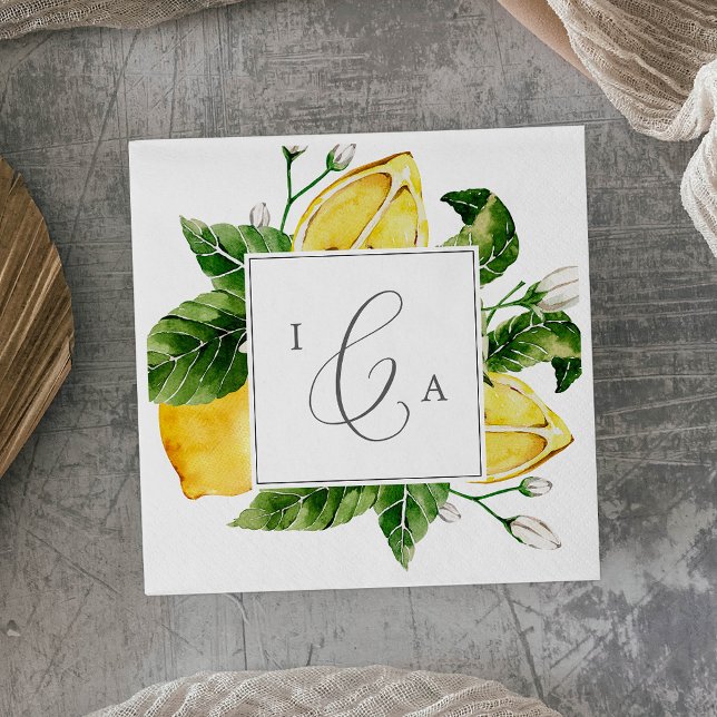 Modern Lemon Garden Monogram Bröllop Pappersservett (Skapare uppladdad)