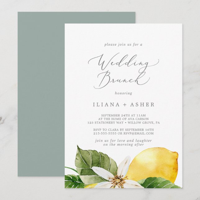 Modern Lemon Garden WedBrunch Inbjudningar (Fram/baksida)