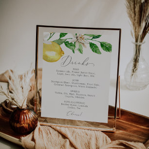 Modern Lemon Garden Wedding Drink Menu Sign Poster