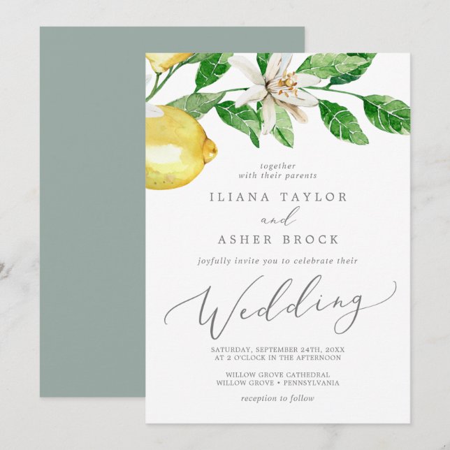 Modern Lemon Garden Wedding Inbjudningar (Fram/baksida)