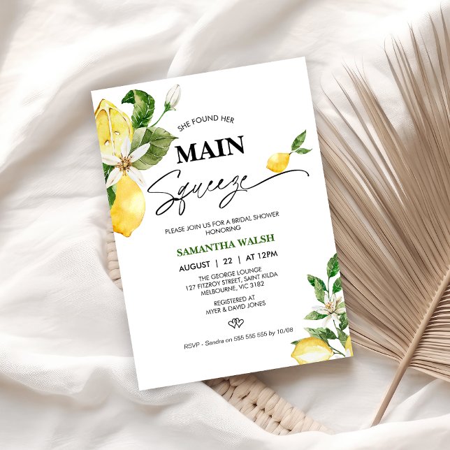 Modern Lemon Main Squeeze-Möhippa Inbjudningar (She Found Her Main Squeeze Bridal Shower Invitation, Lemon Bridal Shower Invitation, Citrus Yellow)