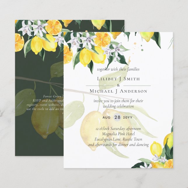 Modern Lemon Träd bröllopsinbjudan Elegant (Fram/baksida)