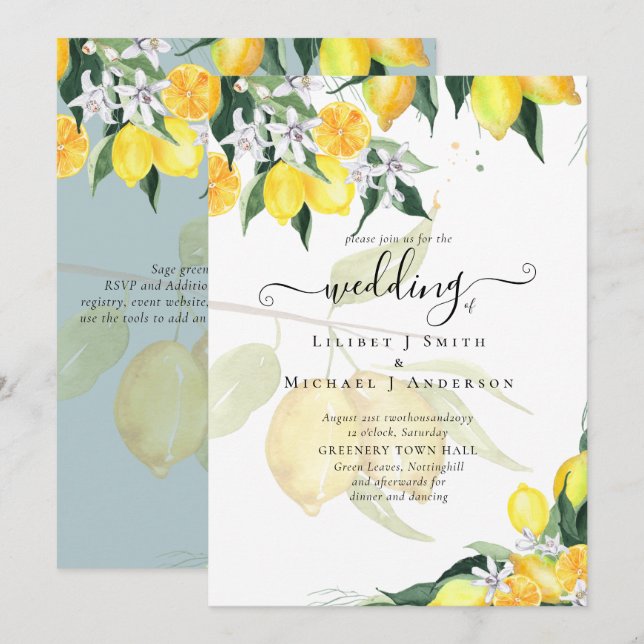 Modern Lemon Träd bröllopsinbjudan Elegant Inbjudningar (Fram/baksida)