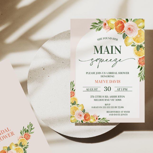 Modern Lemons-Orangar - Möhippan Viktigt. Inbjudningar (She's found her main squeeze bridal shower invitation with oranges, lemons, flowers and arch.)