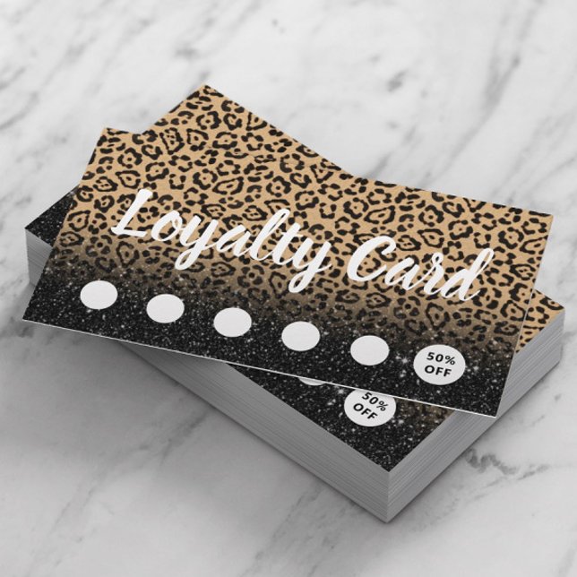 Modern Leopard & Black Glitter Salon & Spa Loyalty Lojalitetskort (Skapare uppladdad)