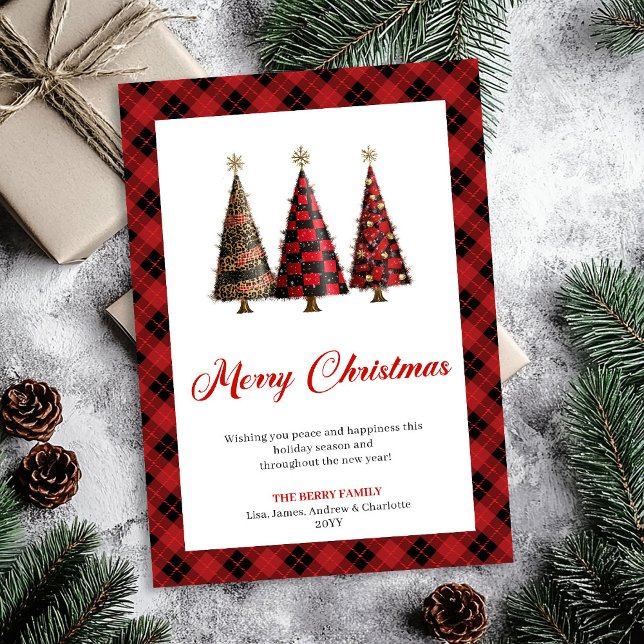 Modern leopard julgran buffalo-rutig kort (Buffalo Christmas trees greeting card,
Red black plaid tartan Christmas,
Personalized watercolor Chr)