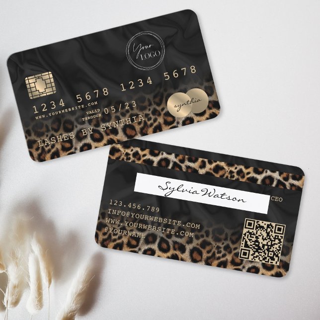 Modern Leopard Logotyp QR-kod Kreditkort Stil Visitkort (Modern Leopard Logo QR Code Credit Card Style business card)