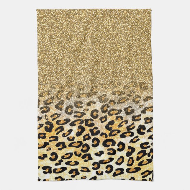 Modern Leopard Mönster Guld Glitter Ombre Kökshandduk (Vertikal)