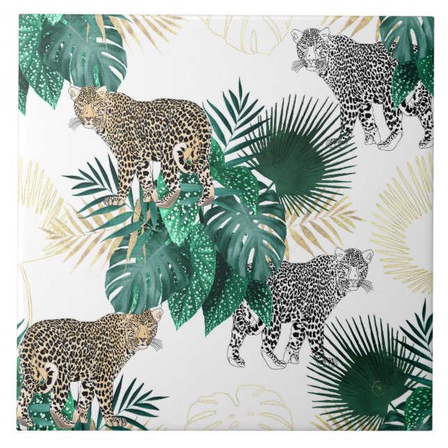 Modern leopard och tropisk lövdesign kakelplatta (Framsidan)
