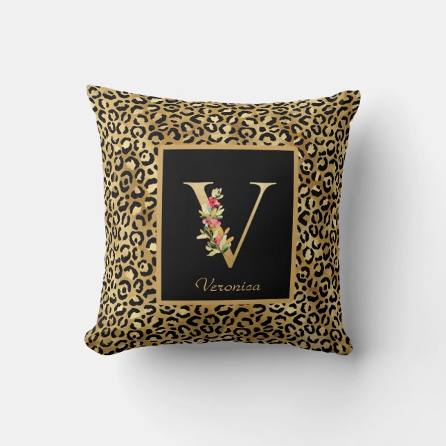 Modern Leopard Personlig Monogram V Initial Kudde (Framsida)
