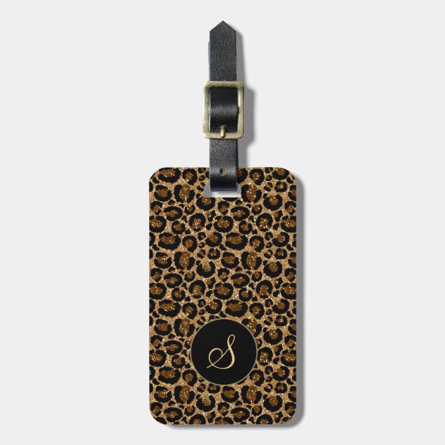 Modern Leopard print, glitter & anpassningsbar mon Bagagebricka (Vertikal Framsida)
