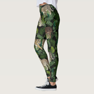 Modern Leopards Tigers Jungle Plants Black Design  Leggings