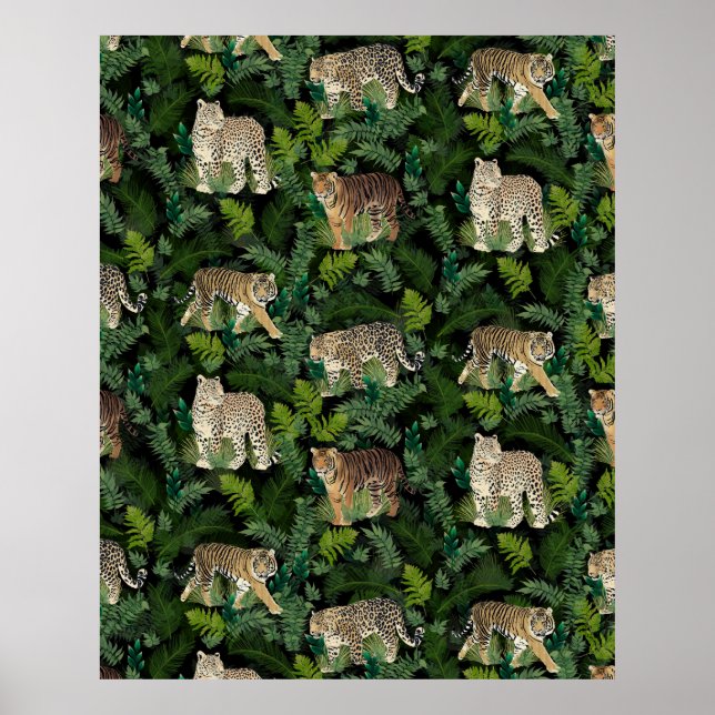 Modern Leopards Tigers Jungle Plants Black Design  Poster (Framsidan)