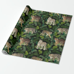 Modern Leopards Tigers Jungle Plants Black Design Presentpapper