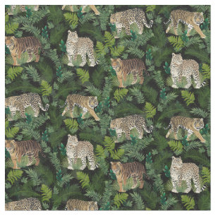 Modern Leopards Tigers Jungle Plants Black Design Tyg