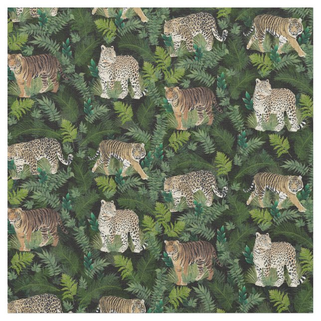 Modern Leopards Tigers Jungle Plants Black Design  Tyg (Närbild)