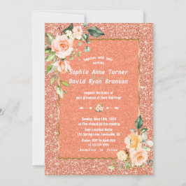 Modern levande Coral Flowers Coral Glitter Bröllop Inbjudningar