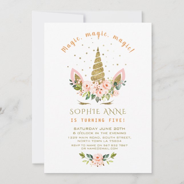 Modern Levande Korallblommor Guld Enhörning Födels Inbjudningar (Framsida)