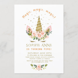 Modern Levande Korallblommor Guld Enhörning Födels Inbjudningar