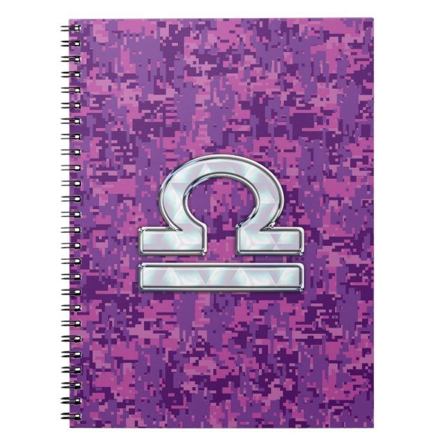 Modern Libra Zodiac-symbol på Fuchsia Digital Camo Anteckningsbok Med Spiral (Framsidan)