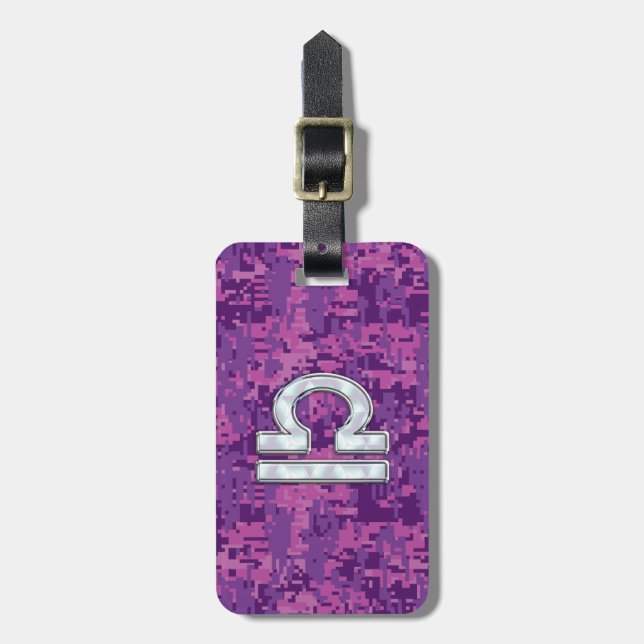 Modern Libra Zodiac-symbol på Fuchsia Digital Camo Bagagebricka (Vertikal Framsida)