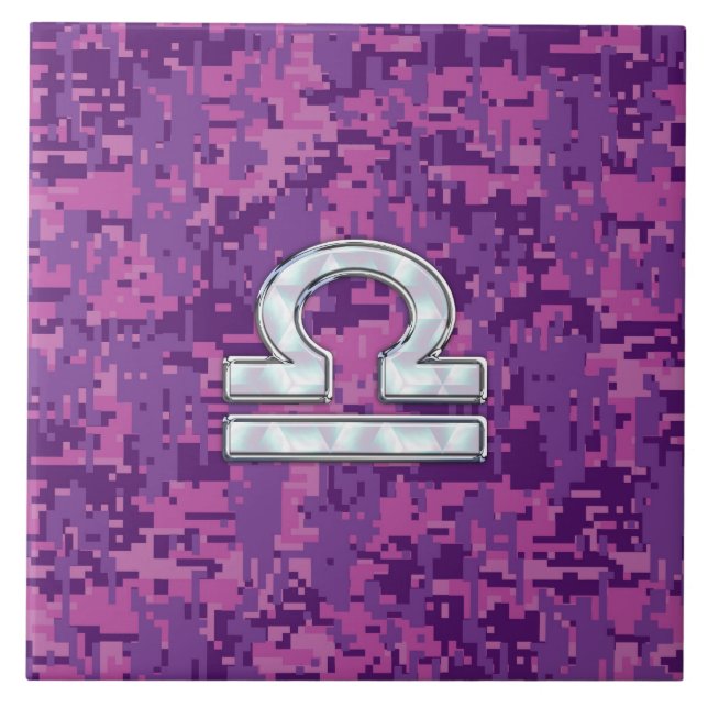 Modern Libra Zodiac-symbol på Fuchsia Digital Camo Kakelplatta (Framsidan)