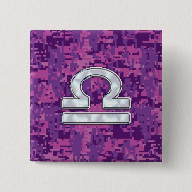 Modern Libra Zodiac-symbol på Fuchsia Digital Camo Knapp (Framsida)