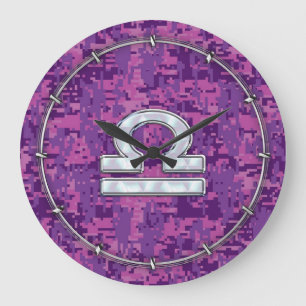 Modern Libra Zodiac-symbol på Fuchsia Digital Camo Stor Klocka
