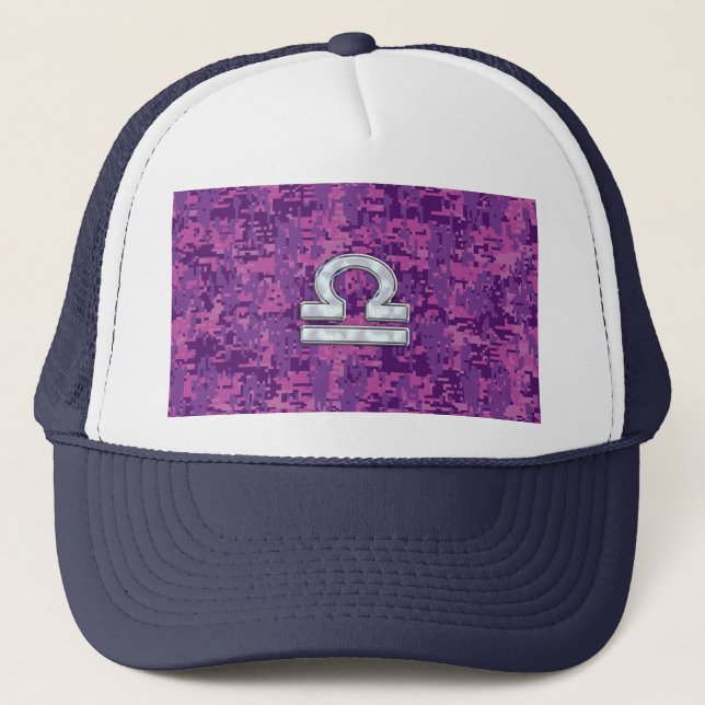 Modern Libra Zodiac-symbol på Fuchsia Digital Camo Truckerkeps (Framsida)