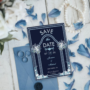 Modern Light Blue Arch Blommigts Navy Boho Bröllop Spara Datumet