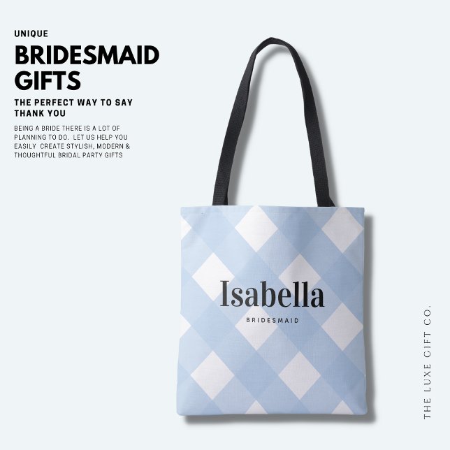 Modern Light Blue Gingham Check Bridesmaid Bag Tygkasse (Skapare uppladdad)