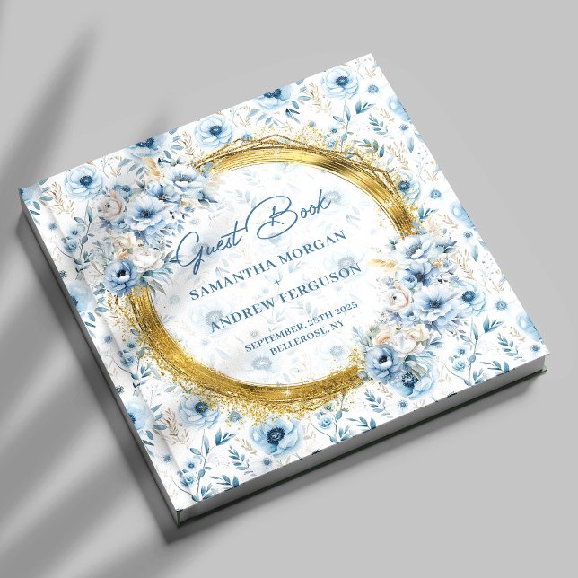 Modern Light Blue Guld Glitter Bröllop Guest Bok (Modern Light Blue Gold Glitter Wedding Guest Book)