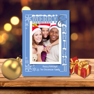 Modern Light Blue Merry & Bright Retro Typography Julkort