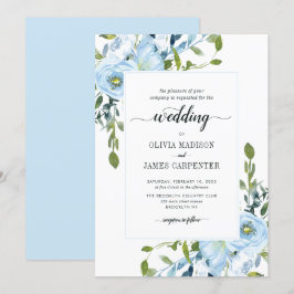 Modern Light Blue Navy Botanical Blommigt Bröllop Inbjudningar