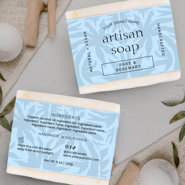 Modern Light Blue Soap Pub Wrapper Bellyband-etike (Trendy light blue soap bar bellyband template with elegant serif fonts and modern layout)